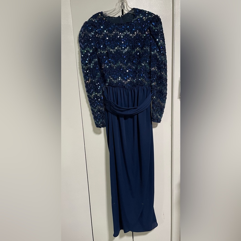 Vintage Lee Jordan Navy Sequin Long Sleeve Cocktail Dress